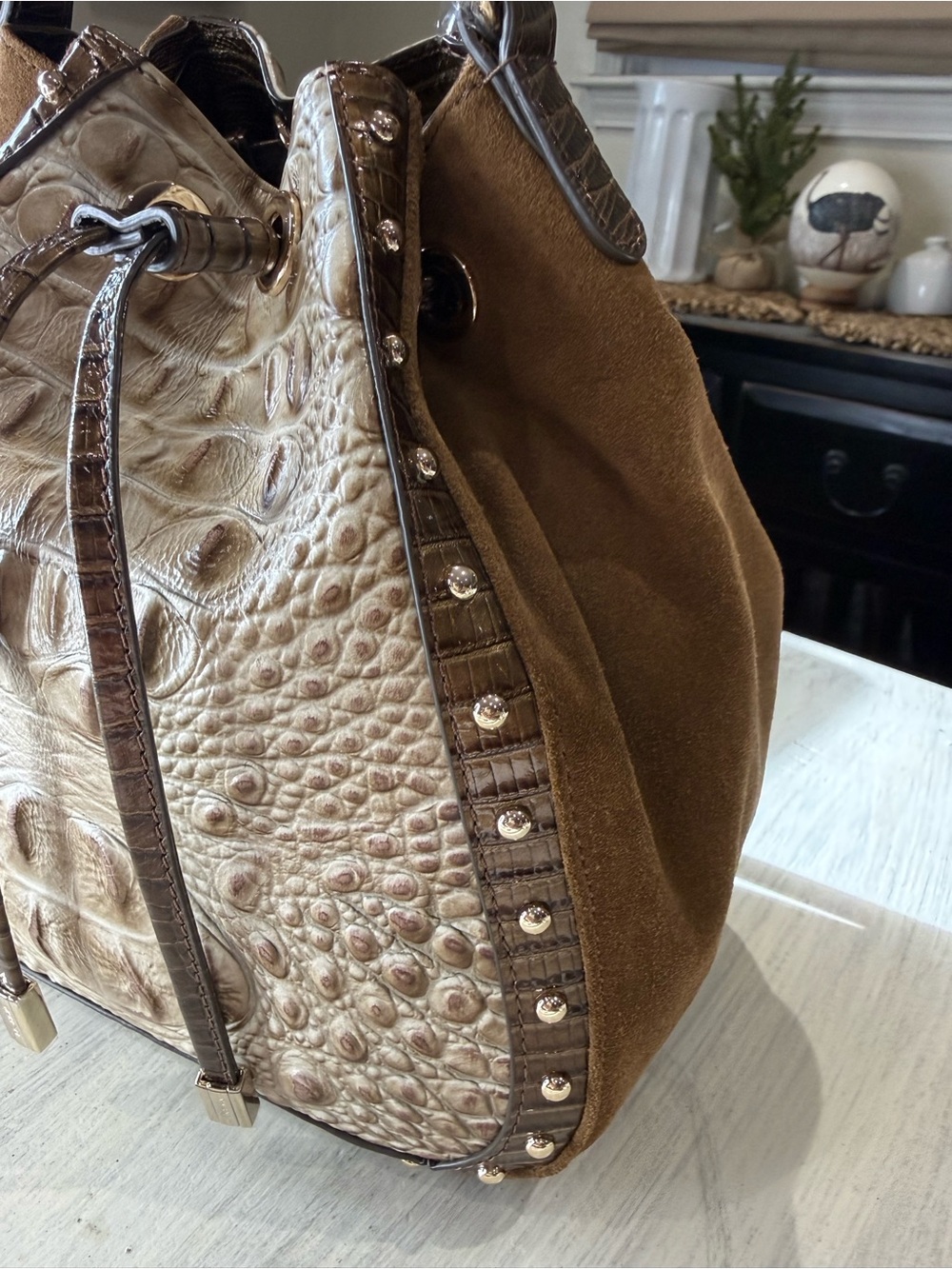 Brahmin Melinda Taupe Ensemble Brown Suede & Cream Drawstring Bucket Crossbody - Picture 3 of 14